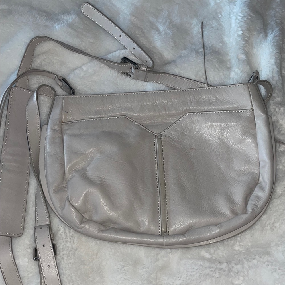 Cream and Silver Shoulder Bag with Adjustable Strap and Zipper Closure